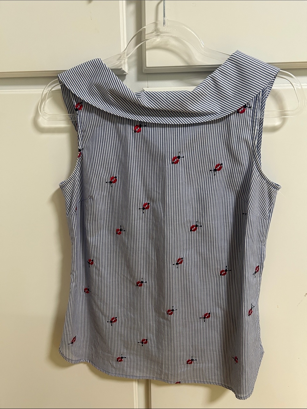 Talbots Blue and White Pinstripe Ladybug Sleeveless Top XS